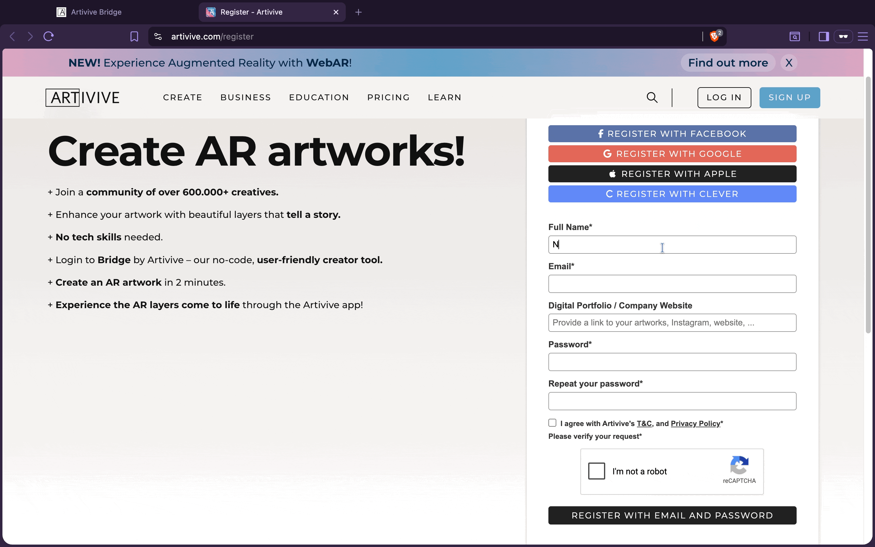 The Artivive registration page